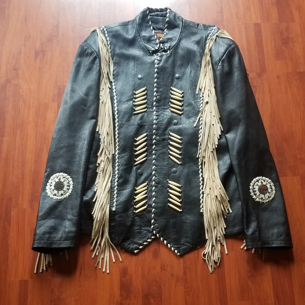 3B West Black Leather Suede Fringed Jacket Men XXL